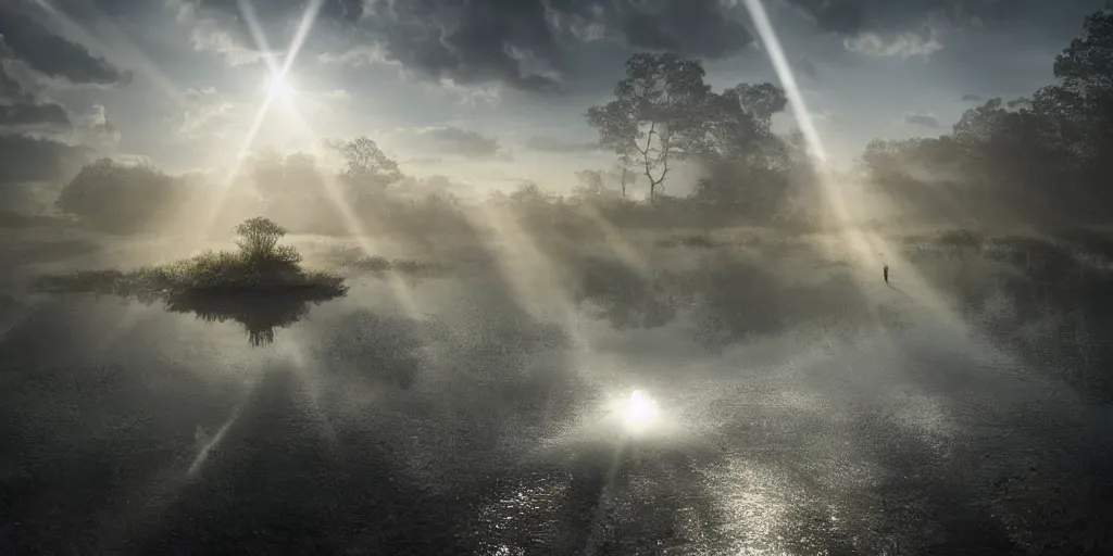 Prompt: Hyper-detailed photo-realistic Illusion reflections of A Beautiful alien organic mega-structure emerging from crepuscular rays by erik johansson, studio lit, volumetric, 8k