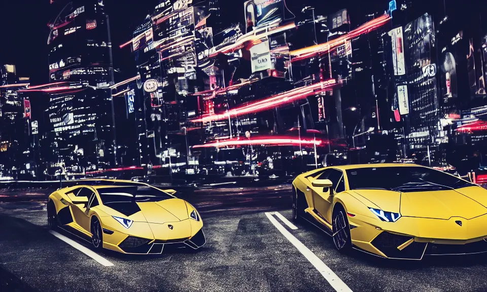 Prompt: photo of a lamborghini at night driving fast through a city, cinematic, 4k, long exposure photography, tokyo drift, fast and furious, film still, night photography, motion blur, lens flare, movie shot, analog camera