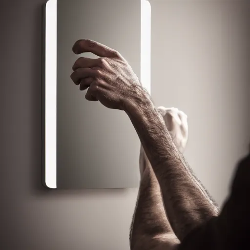 Image similar to a man reaching his hand into a mirror, 4 k, photorealistic, digital image, sharp details, hd