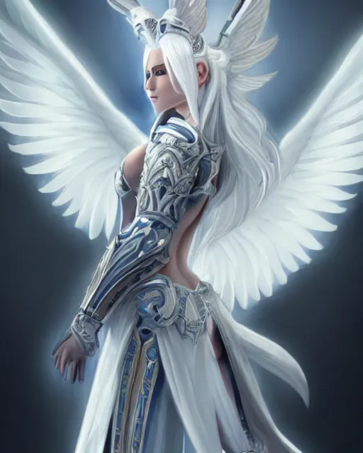 Image similar to perfect white haired egyptian goddess wearing white dove wings, warframe armor, regal, attractive, ornate, sultry, beautiful, dreamy, half asian, pretty face, blue eyes, detailed, scifi platform, 4 k, ultra realistic, epic lighting, android body, illuminated, cinematic, masterpiece, art by akihito tsukushi, voidstar, artgerm