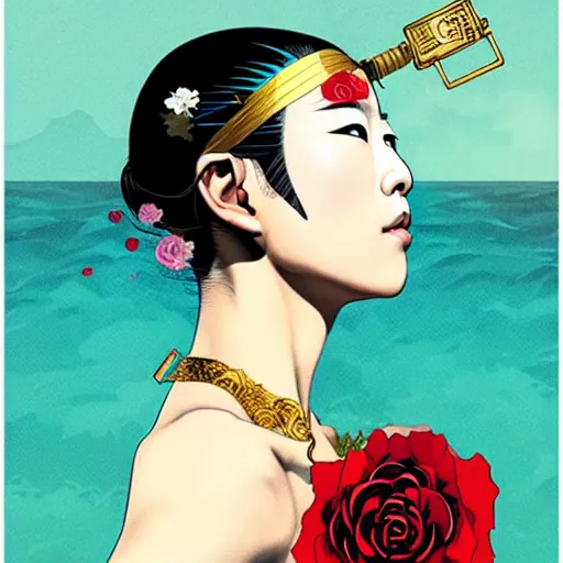 Image similar to portrait of japanese woman :: side profile :: in ocean :: clockwork details :: gold :: blood and roses :: by MARVEL comics and Sandra Chevrier