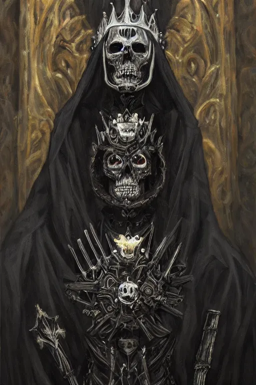 Image similar to portrait of an dark ominous skeleton king dressed in black robes wielding deadly electric powers, oil on canvas, gothic style, ornate, elegant, highly detailed, concept art, trending on artstation