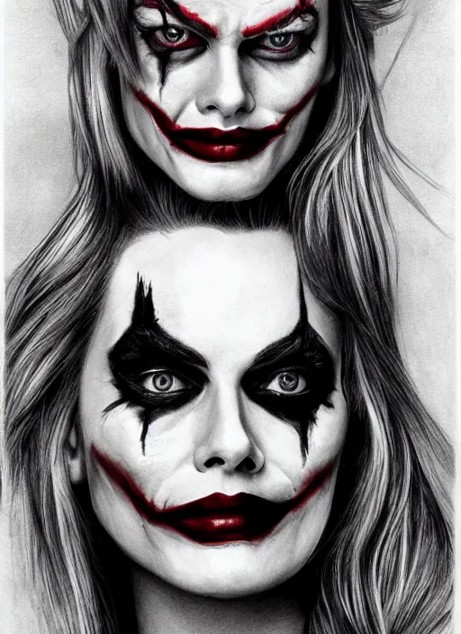 Prompt: pencil drawing of margot robbie with joker makeup, ace card, realistic face, black and white, hyper realistic, highly detailed