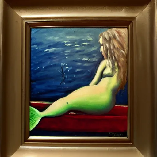 Image similar to oil painting of a mermaid in a bathtub, gritty, small new york appartment,