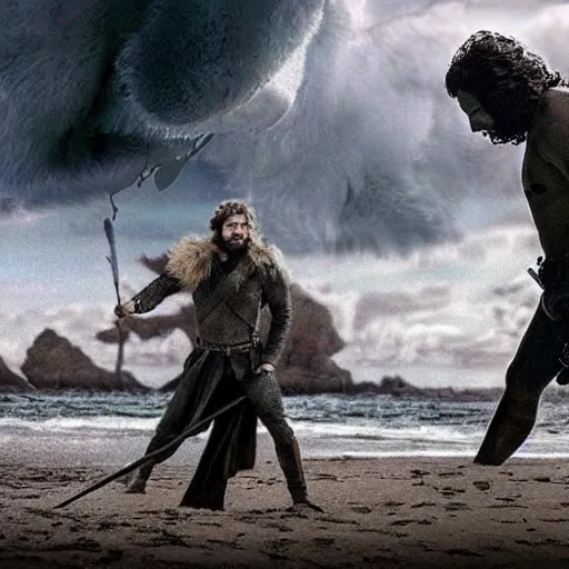 Image similar to an extremely detailed realistic hdr photo of jon snow as zardoz fighting fairies on the beach