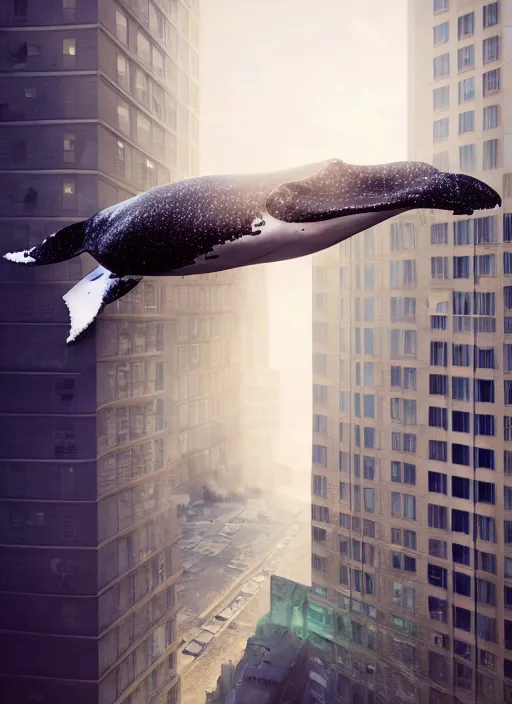 Image similar to whale flying over a building, wearing fashion clothing, id magazine, hyperrealism, detailed textures, photorealistic, 3 d city, ultra realistic, cinematic, intricate, cinematic light, unreal engine 8 k, octane render, unreal engine, david kostic, artgerm