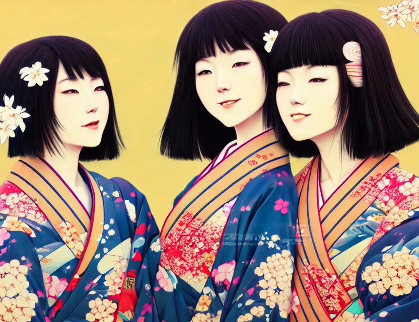 Image similar to two beautiful charming japan girls wear arty kimono in festival | | sunny night, full moon, dreamlike art, realistic shaded, smile, good looking, hyper details, 4 k realistic, cryengine, realistic shaded lighting poster by ilya kuvshinov, fuji choko, ross tran, 8 k resolution, trending on artstation, luxury