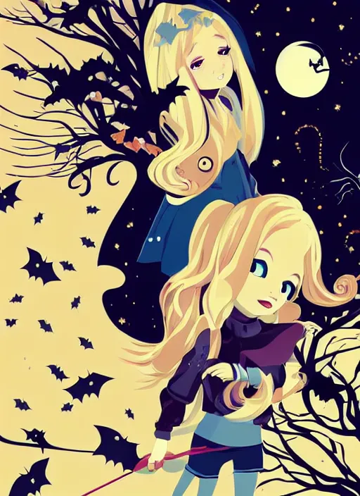 Image similar to little girl, toddler, with long blonde hair on halloween. clean cel shaded vector art. shutterstock. behance hd by lois van baarle, artgerm, helen huang, by makoto shinkai and ilya kuvshinov, rossdraws, illustration, art by ilya kuvshinov