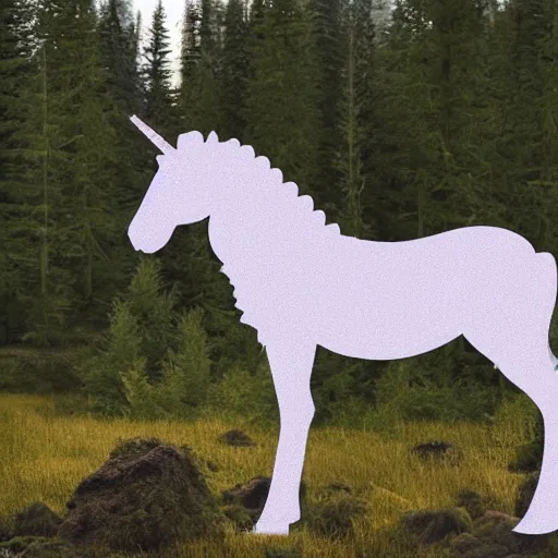 Image similar to a depressed unicorn standing next to a spruce forest, high resolution photograph