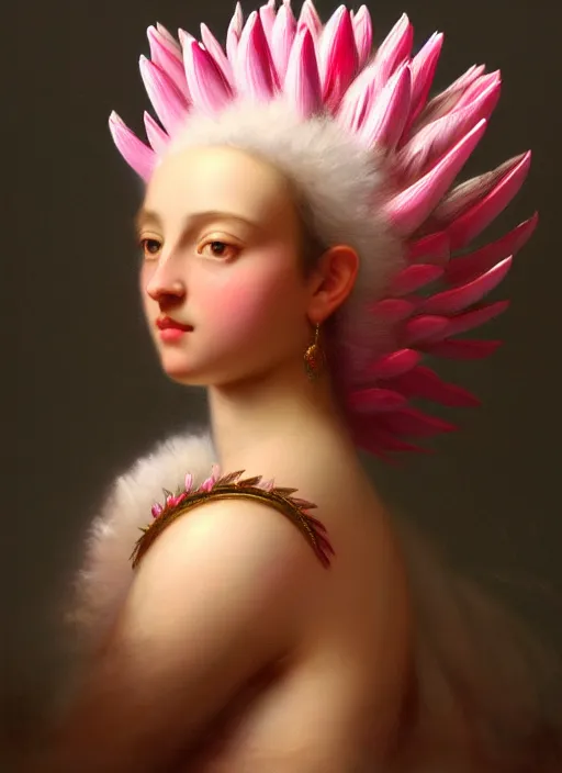 Prompt: stunning colombian godess princess, detailed pink and white protea head peace against a black backdrop by ivan aivazovsky, wlop, super sharp details, photorealism, 5 0 mm lens, oil painting, beautiful soft lighting, muted colours, artstation