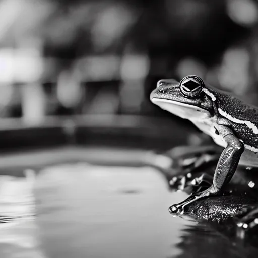 Image similar to a frog in a suit is in a pool, he is cheering, black-and-white, 50mm