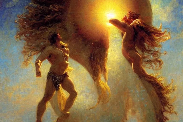 Image similar to portrait of a mythical hero named horizon, who lifts the sun into the sky every morning. art by gaston bussiere.