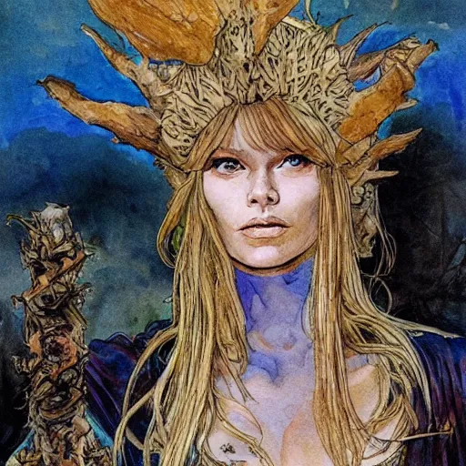 Image similar to a realistic and atmospheric watercolour fantasy character concept art portrait of brigitte bardot as a druidic warrior wizard looking at the camera with an intelligent gaze by rebecca guay, michael kaluta, charles vess and jean moebius giraud