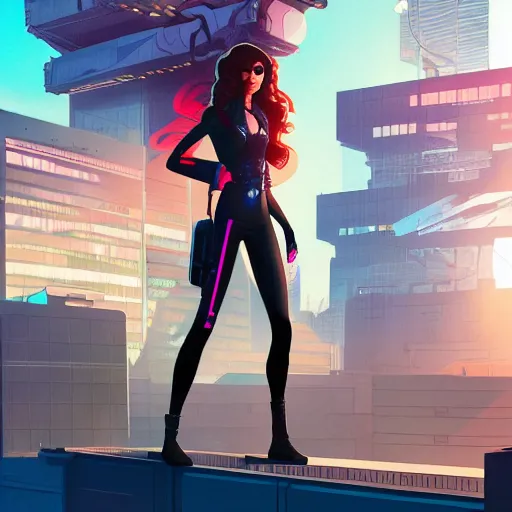 Image similar to zendaya as a cyberpunk hero standing on the rooftop of cybertown, art poster, character design, ambient lighting, 4 k, lois van baarle, ilya kuvshinov, rossdraws, alphonse mucha, jung gi kim, dylan kowalsk, artstation