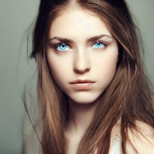 Image similar to photographic Close-up face of a extremely beautiful girl with clear eyes and light brown hair , illuminated by a dramatic light, Low key lighting, light dark, High constrast, dramatic , flash studio, norman rockwell, craig mulins ,dark background, high quality,photo-realistic, 8K,-H 704