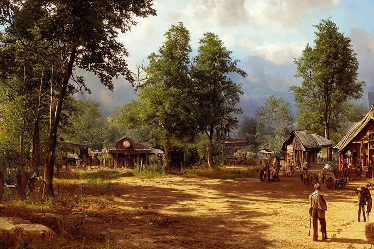 Image similar to A beautiful painting of a rural Westworld village by Ivan Shishkin, matte painting