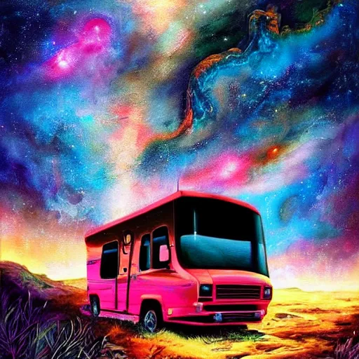 Image similar to a painting of an RV in a cosmic scenic environment by Android Jones, trending on Artstation, nebula, stars, planets, hyperdetailed