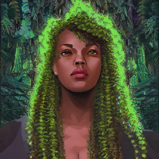 Prompt: a portrait of a black curly woman and ancient ruins with plants,digital art,retrowave art,trending on art station