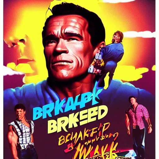 Image similar to vaporwave stylized movie poster by Drew Struzan for the movie 'Breakfast' staring Arnold Schwarzenegger, released in 1986