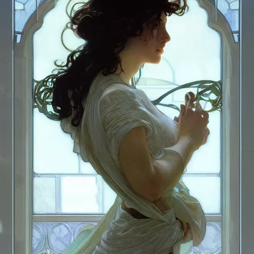 Image similar to A dreamy sleepy young woman with very short dark curly hair, portrait art by alphonse mucha and greg rutkowski, highly detailed, digital painting, concept art, illustration, dim lighting with twilight rays of sunlight coming through the window with closed shutters, trending on artstation, very detailed, smooth, sharp focus, octane render