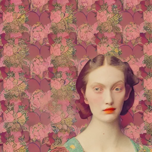 Prompt: a lot of flowers patterns morphing in a beautiful girls face, baroque wallpaper, film still by wes anderson, depicted by balthus, limited color palette, very intricate, art nouveau, highly detailed, lights by hopper, soft pastel colors, minimalist