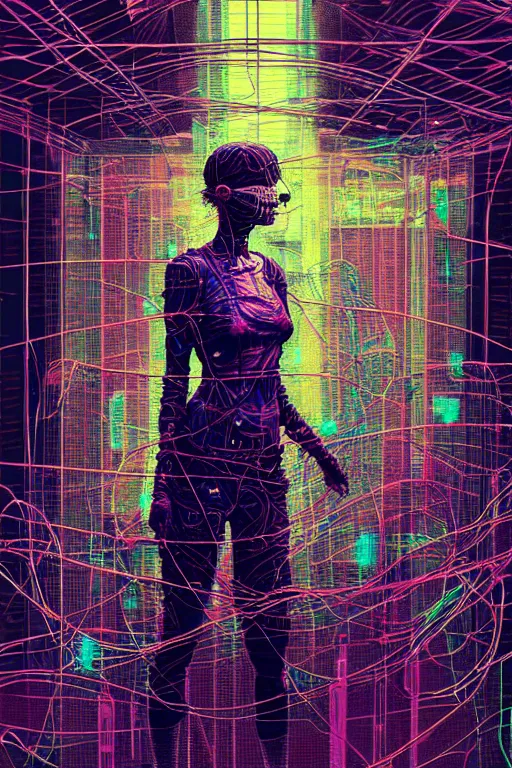 Image similar to dreamy cyberpunk girl, abstract wire clothes, digital nodes, beautiful woman, detailed acrylic, grunge, intricate complexity, by dan mumford and by alberto giacometti, peter lindbergh, zac retz