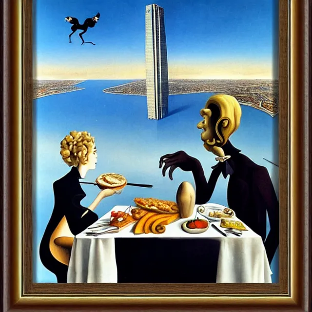 Prompt: lunch atop a skyscraper by Dali