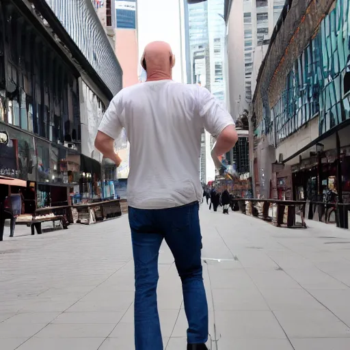 Prompt: A giant balding, white, ginger man walking through the city