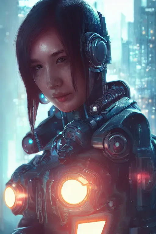 Image similar to beautiful close - up portrait of a cyborg mercenary girl, art by wlop, liam wong, cyberpunk, neon, combat armor, head and shoulders, intricate details, trending on artstation, sharp focus, caustics, octane render, radiant light, 4 k