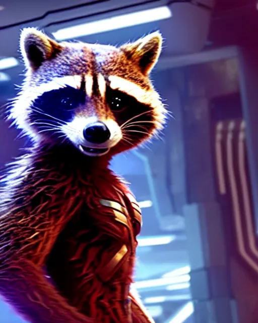 Image similar to film still of rocket the raccoon standing in the hallway of a space ship from guardians of the galaxy, soft volumetric lighting, cinematic, ridley scott, closeup portrait, confident action pose, octane