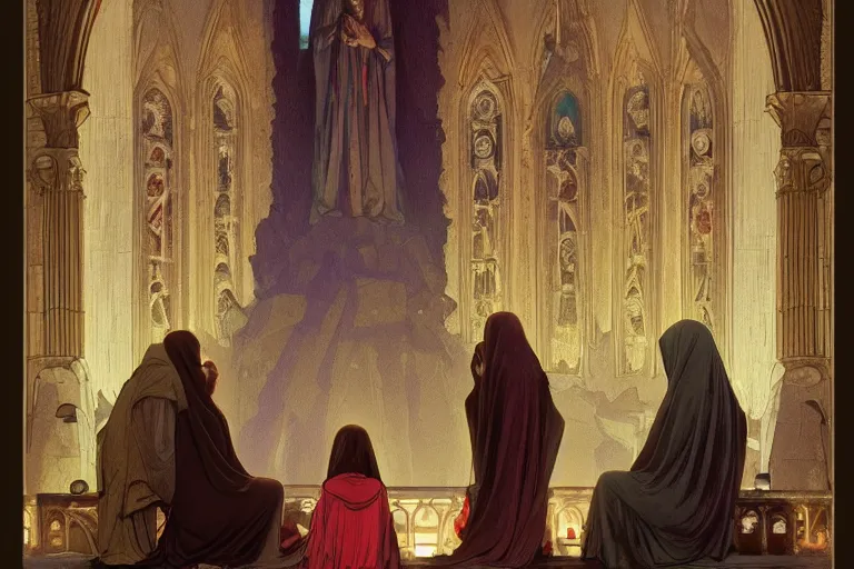 Prompt: inside the sepulchre, dark scene, light coming in from the left, steps leading down, 3 marys crouching in colored robes at the tomb | medium close | fibonacci composition, by artgerm, greg rutkowski, paul bagshaw, alphonse mucha