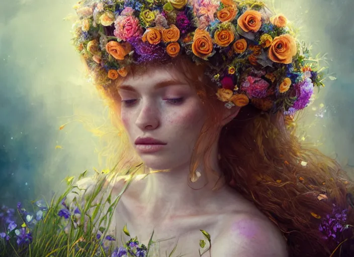 Image similar to cute female bride laying down and swathed in flowers, perfect face, tiara, ginger hair, abs, cinematic, freckles, stunning, athletic, strong, agile, highly detailed, psychedelic, digital painting, artstation, smooth, hard focus, illustration, art by jessica rossier and and brian froud