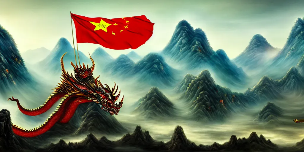 Image similar to Chinese president, bananas weapon, battle, dragon, centered, highly detailed, mountains, epic composition, background, fantasy art, oil painting, 8k