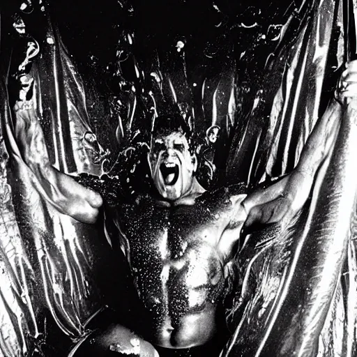 Image similar to 1 9 9 0's wwe publicity photo, a giant muscular man covered in wet reflective slime crawling out of a giant slimy wet cocoon, screaming in agony, inside a secret occult dark evil lab, ultra - detailed, photorealistic