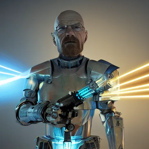 Prompt: Walter White firing lasers from his cybernetic battle armor, highly detailed, centered, concept art, 8k octane render