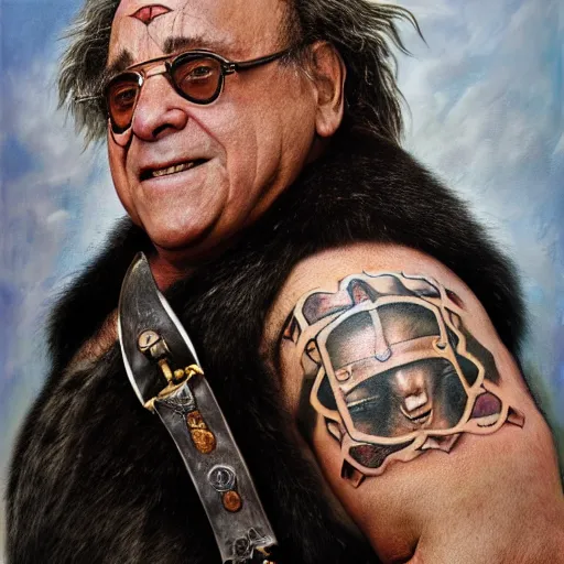Image similar to danny devito as a barbarian warrior, legendary warrior, leather straps, tattoos, piercings, fur and leather armor, beautiful, sharp detail, photo realism, robin eley, oil painting