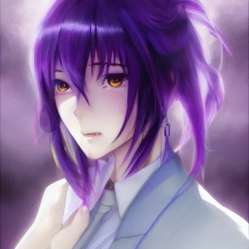 Image similar to beautiful anime shion with purple hair, ( ( ( ( ( horn ) ) ) ) ) ( ( ponytail ) ) ( ( ( purple eyes ) ) ), a purple tuxedo, sharp focus, intricate, cell shaded, award winning photography, cinematic, digital painting, cinematic, wlop, 8 k, by ross tran, tom bagshaw