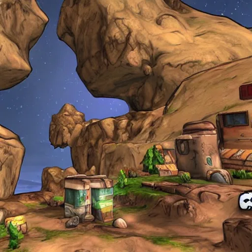 Prompt: a cozy village hanging off the cliffs of mars, water, in the style of borderlands 2,