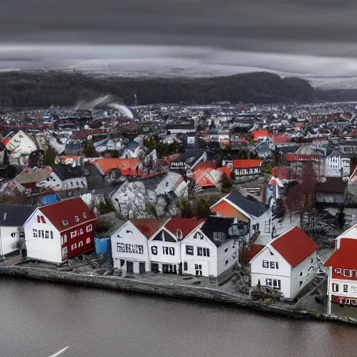 Prompt: tsunami hits trondheim, real historical event caught on camera, dramatic, hdr, hdd, clear image,