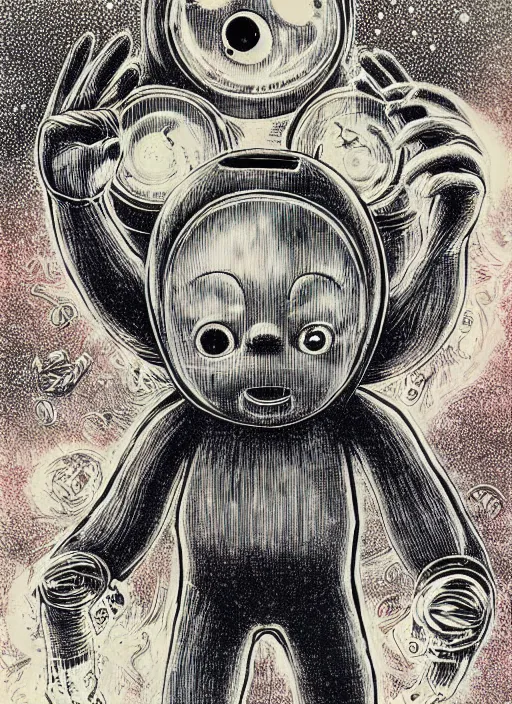 Image similar to teletubbies disgusting true form revealed, horror, high details, intricate details, by vincent di fate, artgerm julie bell beeple, 1 9 8 0 s, inking, vintage 8 0 s print, screen print