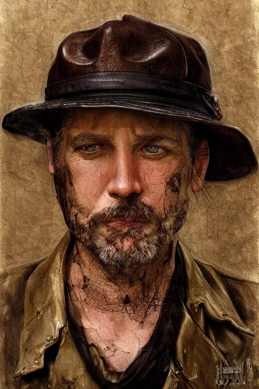 Image similar to portrait, headshot, digital painting, 50's adventurer, middle aged, wrinkled, dark hair, fedora, stained dirty clothing, leather jacket, realistic, hyperdetailed, concept art, chiaroscuro, orientalism Waterhouse style