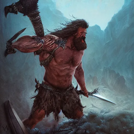 Image similar to an - epic - photo - of - a - bearded - barbarian, muscular, fantasy, masculine, sword, deathscape, wayne barlowe l, mid - action, ultra - detail, dramatic - lighting, octane fender,