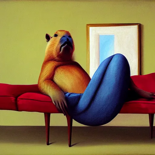 Image similar to capybara posing on a couch | in the style of salvadore dali | matte oil painting | featured on artstation | impressionist