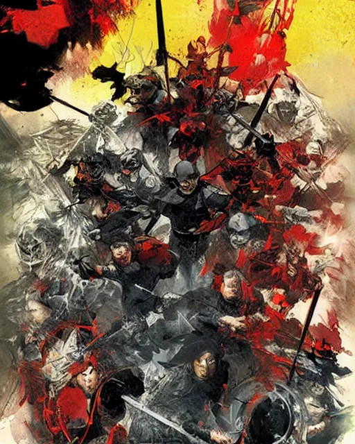 Image similar to the art of war poster by bill sienkiewicz and jaime jones