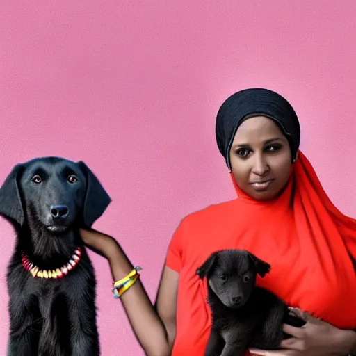 Image similar to a 3 0 year old somali woman, pregnant, next to a black puppy, full body, ultra detailed fantasy, bright, colorful, realistic