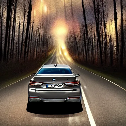 Prompt: a [ bmw 7 series driving on an empty highway ] at night, [ fireworks in the sky ], and a [ wooded forest ] in the background, trending on artstation, [ digital art ]!!