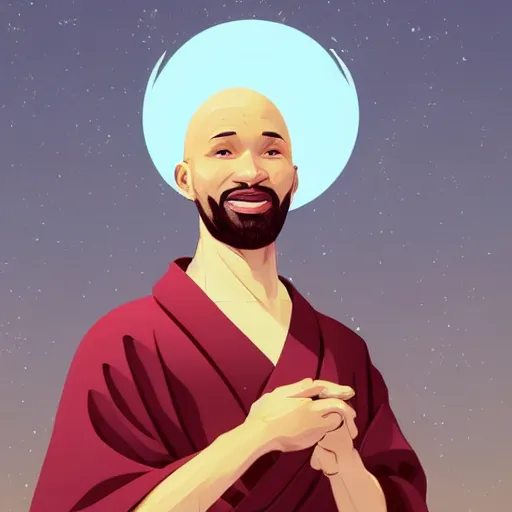 Image similar to a bald, coffee - skinned terrence boyd as a saint with halo wearing a red kimono, clean cel shaded vector art. shutterstock. behance hd by lois van baarle, artgerm, helen huang, by makoto shinkai and ilya kuvshinov, rossdraws, illustration,