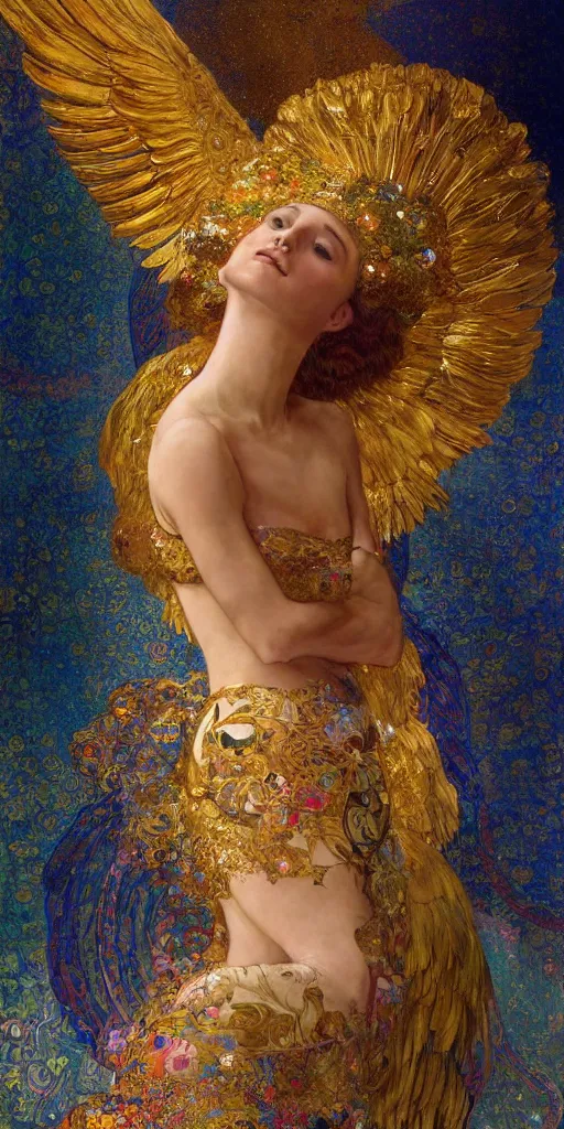 Image similar to an intricate painting of an artistic pose beautiful angel with an artistic pose, hyper - detailed, covered in fancy silk cloth with klimt motives, octane render, vivid colors, artstation, by jeremy mann, by alphonse mucha, by boris vallejo, by gustav klimt