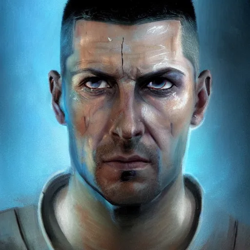 Image similar to cyberpunk, armitage, closeup portrait of a stoic ex soldier with a battlescar and light blue eyes, brown buzzcut, cyborg, dramatic light, city background, sunset, dystopian setting, high contrast, sharp, neuromancer, painted by stanley lau, painted by greg rutkowski, painted by stanley artgerm, digital art, trending on artstation