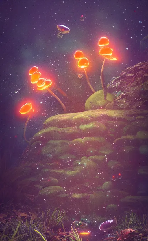 Image similar to fox fire fungi, water bubbles, night view, glowing, fireflies, poster vintage, digital strokes, illustration, bioluminescence, vegetation, portrait, full shot, rim light, pixar, octane render,